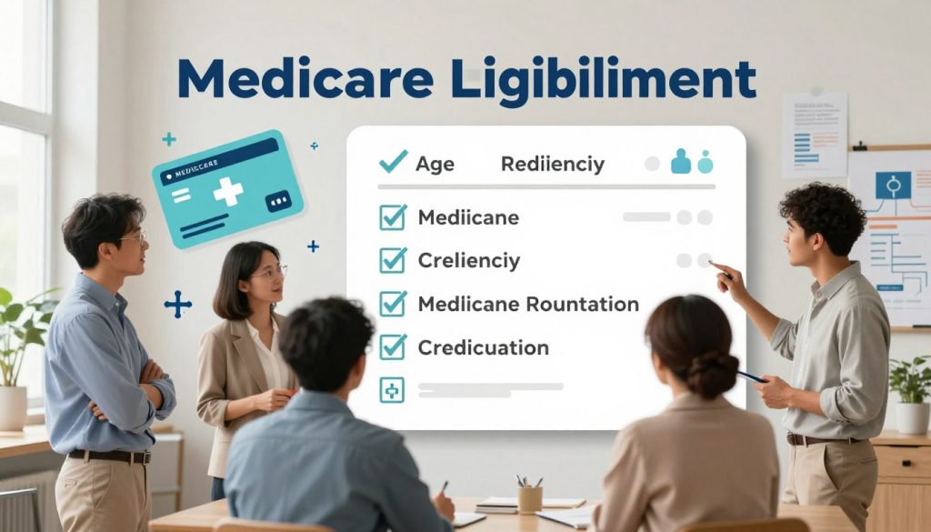 A detailed and informative illustration of Medicare eligibility requirements, featuring a visually engaging infographic-style layout. In the foreground, include diverse people dressed in professional business attire, discussing the criteria—such as age, residency, and disability status—while looking at a large chart with checklists and icons representing each requirement. In the middle ground, show stylized icons of Medicare cards and symbols of health, set against a clean, modern office background with a soft color palette. In the background, subtle elements like a whiteboard filled with charts and notes can be seen, enhancing the educational theme. The lighting is bright and inviting, using natural light to create a warm atmosphere that conveys clarity and accessibility, aimed at helping readers understand Medicare eligibility. A detailed and informative illustration of Medicare eligibility requirements, featuring a visually engaging infographic-style layout. In the foreground, include diverse people dressed in professional business attire, discussing the criteria—such as age, residency, and disability status—while looking at a large chart with checklists and icons representing each requirement. In the middle ground, show stylized icons of Medicare cards and symbols of health, set against a clean, modern office background with a soft color palette. In the background, subtle elements like a whiteboard filled with charts and notes can be seen, enhancing the educational theme. The lighting is bright and inviting, using natural light to create a warm atmosphere that conveys clarity and accessibility, aimed at helping readers understand Medicare eligibility.