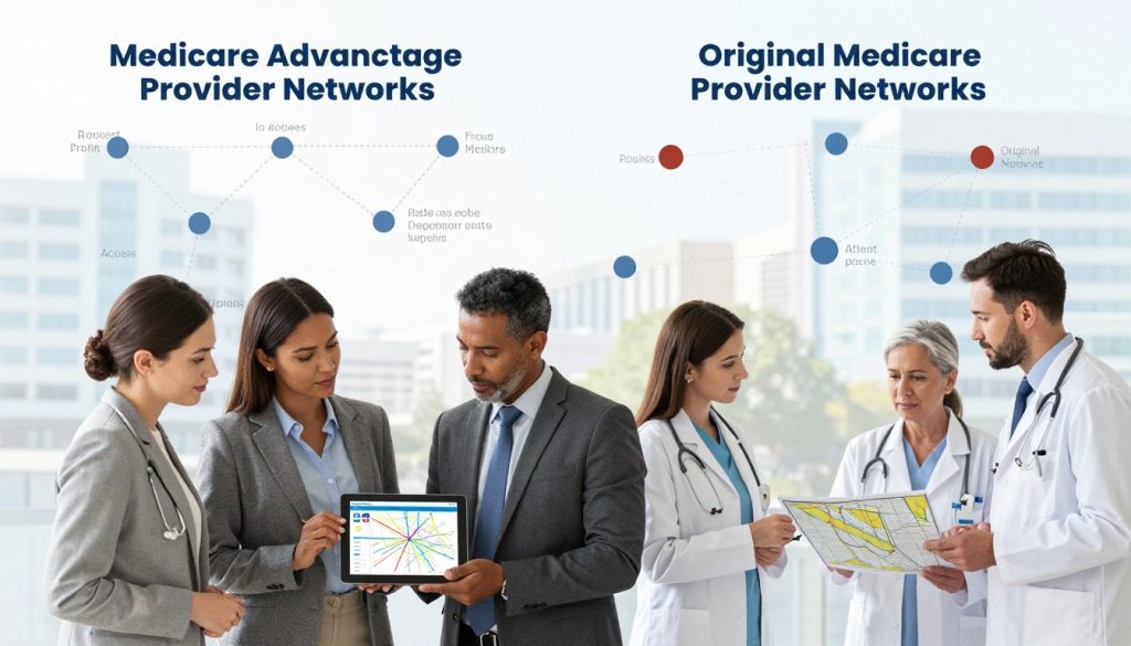 A detailed illustration comparing Medicare Advantage and Original Medicare provider networks. In the foreground, depict two distinct groups: one group of diverse healthcare professionals in professional business attire, representing Medicare Advantage, collaborating around a digital tablet displaying a network map. In contrast, a second group embodies Original Medicare providers, engaged in discussion with printed maps and charts. In the middle ground, include visual elements like interconnected dots symbolizing patient access and healthcare facilities, and a subtle contrast between the two networks. The background should softly blur hospital and clinic silhouettes to represent care accessibility. Use bright, natural lighting to evoke a sense of clarity and professionalism, angled to highlight the unity in healthcare. The overall atmosphere should be informative and collaborative, encouraging understanding and connection.