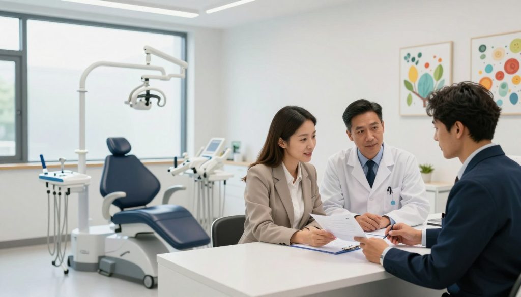 A modern dental and vision office interior, featuring a sleek, bright space with large windows letting in natural light. In the foreground, a diverse group of three professionals in business attire—two dentists and an optometrist—discuss a patient file at a stylish reception desk, showcasing their collaboration. In the middle background, dental equipment is neatly arranged beside a comfortable vision exam chair with state-of-the-art tools and equipment, emphasizing the dual services offered. Soft lighting enhances the welcoming atmosphere, creating a sense of trust and professionalism. The walls are decorated with cheerful, health-related artwork. The overall mood conveys a sense of care, innovation, and accessibility in healthcare, focused on enhancing both dental and vision health. A modern dental and vision office interior, featuring a sleek, bright space with large windows letting in natural light. In the foreground, a diverse group of three professionals in business attire—two dentists and an optometrist—discuss a patient file at a stylish reception desk, showcasing their collaboration. In the middle background, dental equipment is neatly arranged beside a comfortable vision exam chair with state-of-the-art tools and equipment, emphasizing the dual services offered. Soft lighting enhances the welcoming atmosphere, creating a sense of trust and professionalism. The walls are decorated with cheerful, health-related artwork. The overall mood conveys a sense of care, innovation, and accessibility in healthcare, focused on enhancing both dental and vision health.