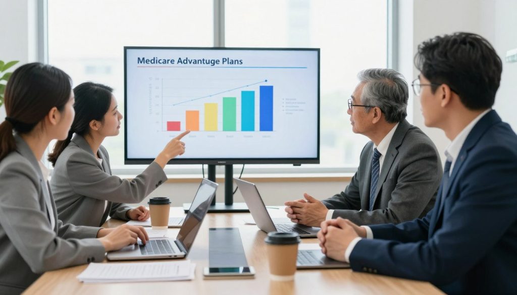 A peaceful and professional office setting depicting a diverse group of professionals in business attire, focused intently on a large digital screen displaying a colorful comparison chart of Medicare Advantage Plans. In the foreground, a young woman points at the chart, while an older man and a middle-aged woman discuss their observations. The middle area features a sleek conference table with laptops, documents, and coffee cups, creating a collaborative atmosphere. The background displays a bright window with natural light streaming in, casting soft shadows on the participants. The mood is one of trust and insightful analysis, highlighting the importance of informed decision-making. The composition is framed with a slight angle to emphasize engagement among the participants and their shared focus on understanding Medicare options.