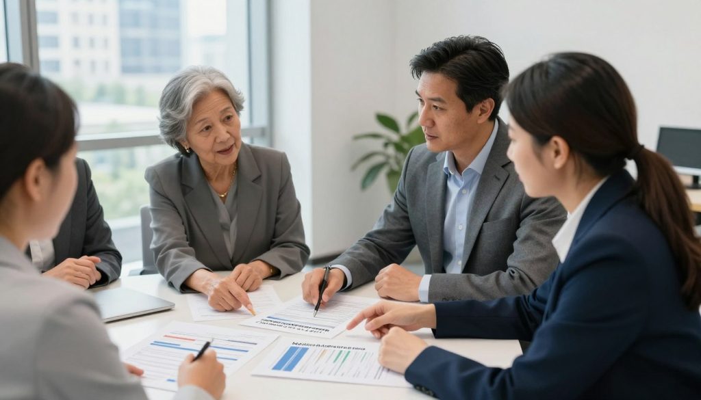 A professional and informative scene depicting a group of diverse adults in business attire engaging in a discussion about Medicare Advantage plans in a bright, modern office setting. Foreground: a round table with documents and charts showcasing various Medicare plans, with some individuals pointing at the documents. Middle: three engaged professionals—an older woman, a middle-aged man, and a young woman—discussing the information with expressions of focus and interest. Background: a large window letting in natural light, with cityscape views, hinting at an atmosphere of productivity and collaboration. Soft lighting enhances the setting, creating a mood of trust and professionalism. The angle captures the scene from a slightly elevated perspective, emphasizing the active discussion around the table.
