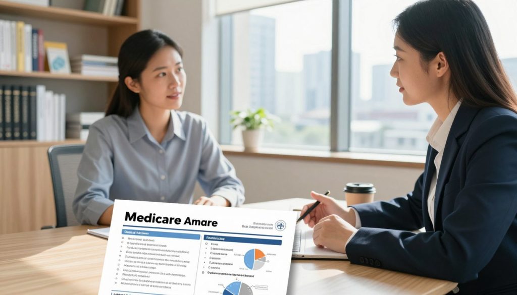 A professional businessman and businesswoman discussing Medicare options in a modern, well-lit office setting. The foreground should feature a table with documents and charts illustrating Medicare Advantage and Original Medicare details, highlighting key decision factors. In the middle ground, include a large window showcasing a cityscape, symbolizing an informed lifestyle. The background should have shelves filled with books and health-related materials, creating an atmosphere of authority and trust. Use natural lighting streaming in from the window, emphasizing a warm, inviting mood. The image should capture a sense of clarity and professionalism, showcasing the importance of making an informed decision about healthcare options.