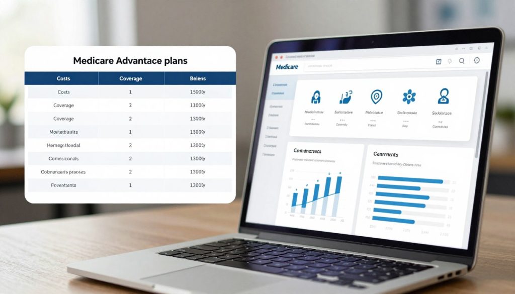 A split-screen image showcasing a detailed comparison of Medicare Advantage plans. On the left, an organized table with key features like costs, coverage options, and benefits, rendered in clean and professional aesthetics. On the right, a visual representation of a user-friendly online interface with icons of health-related services, charts, and graphs highlighting differences among the plans. The foreground features a laptop with a bright screen, reflecting natural daylight, emphasizing clarity and accessibility. In the background, a softly blurred office setting with a neutral color palette, conveying a focused, informative atmosphere. Use a shallow depth of field to draw attention to the comparison elements, creating a mood of professionalism and clarity. The image should be detailed without any text or overlays.