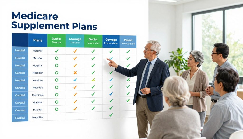 A visually engaging comparison chart for Medicare Supplement Plans, laid out on a clean, white background. The foreground features colorful, clearly organized columns and rows, each representing different plans with icons symbolizing coverage types (hospital, doctor visits, prescriptions). In the middle, a professional in business attire is pointing at the chart, engaging a diverse group of seniors attentively reviewing the information. In the background, a well-lit office setting with large windows and greenery adds a serene atmosphere, suggesting trust and clarity. The image should use soft, natural lighting to enhance the friendly vibe, with a wide-angle perspective to capture the entire scene, making the information feel accessible and important for seniors evaluating their healthcare options.
