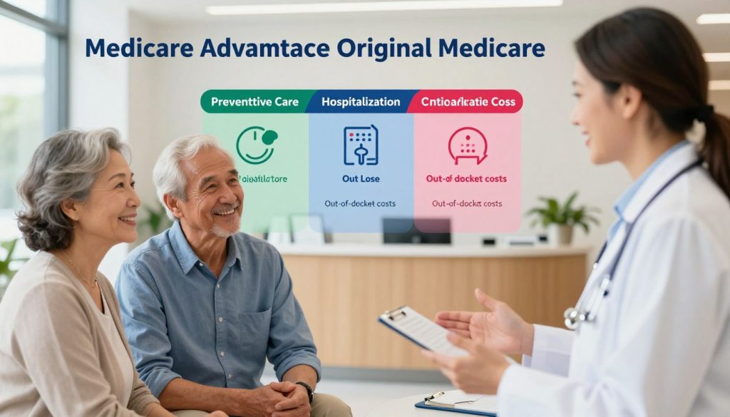 A visually engaging infographic that compares Medicare Advantage and Original Medicare benefits. In the foreground, a friendly healthcare professional, dressed in smart business attire, is discussing benefits with an older couple, who are smiling and attentive. The middle ground features a colorful diagram contrasting various coverage options like preventive care, hospitalization, and out-of-pocket costs, with icons representing each benefit. In the background, a modern healthcare setting with a softly lit reception area and plants, creating a welcoming atmosphere. Use bright, cheerful colors to convey a sense of hope and health, with a focus on clarity to ensure easy understanding of the information presented. The image should have a crisp focus, with a shallow depth of field on the couple and the professional, enhancing their engagement.